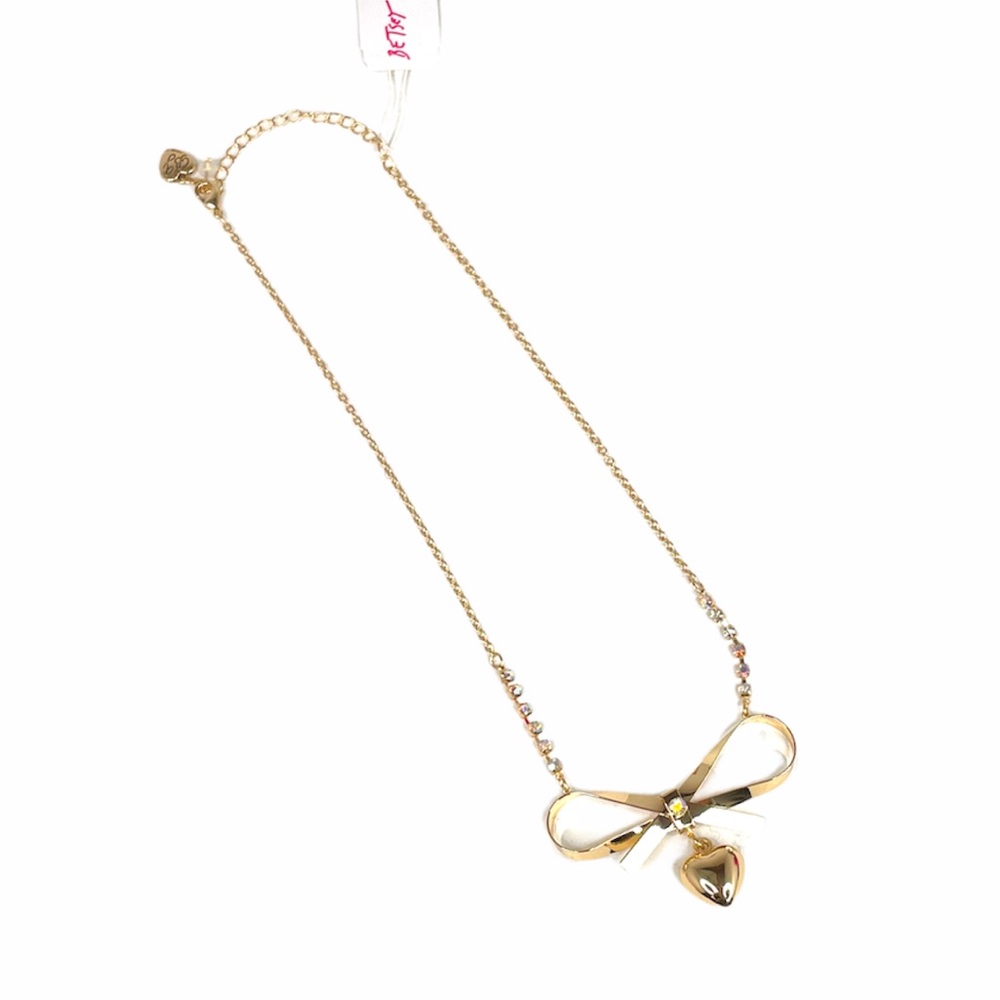 Betsey Johnson Bow and Heart Necklace, Gold Tone